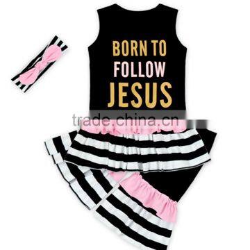 66TQZ463 Yiwu Lovebaby Cotton & Polyester Wholesale Cap Sleeve Black Top Big Ruffle Bottom for Easter Day Match Clothing Set photo-2