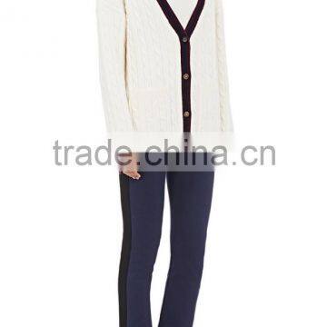 Wholesale Pure White V-Neck Rib-Knit Cashmere Women Sweater With Buttons Fastening and Slant Pockets photo-3