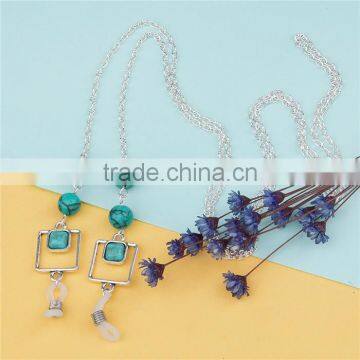 Eyeglasses Chain Holder Antique Silver Blue Square Round Imitation Turquoise photo-3