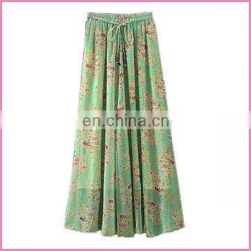 summer new fashion printed chiffon drawstring long skirt