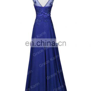 Grace Karin Sleeveless V-Back Beaded Blue Chiffon Prom Dress Long CL007555-6 photo-5