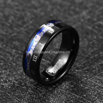 2019 NUNCAD 8mm Wide Tungsten Steel Men's Ring Plating Black Claddagh Pattern Engraved Roman Numeral Tungsten Carbide Ring T228R photo-2