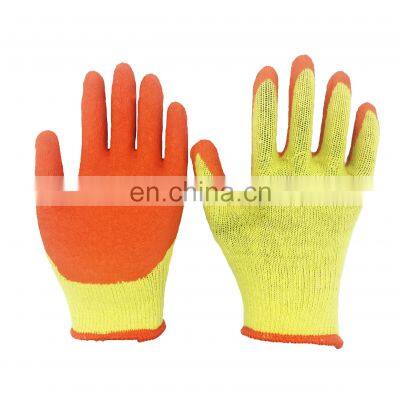 Cheap Type 10G 2Yarn Yellow Polycotton Liner Orange Latex Crinkle Coated Safety Gloves for Construction