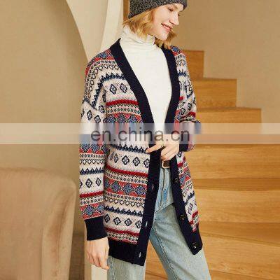 Women Plus Size V Neck Jacquard Cashmere Wool Cardigan Printed Sweater photo-2