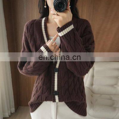 Women Fashion V Neck Plus Size Thick Cable Knit Cardigan Sweater