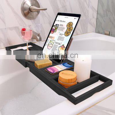 Luxury Bamboo Bath Caddy Bathtub Caddy Tray Book Stand With Extending Sides And Wine Holder photo-2