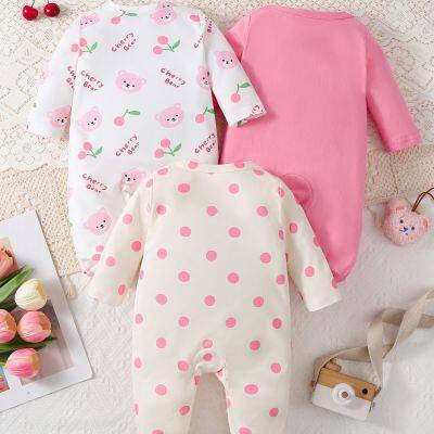 3pcs Newborn Baby's Cartoon Bear Cherry Themed Pattern Footed Onesie, Comfy Long Sleeve Romper, Toddler & Infant Girl's Bodysuit photo-2