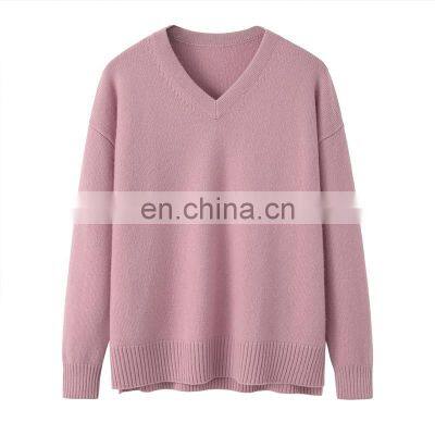 Luxury Women's 100% Cashmere Sweater with V-Neck Long Sleeve Solid Knit Casual Jumper for Autumn/Winter-Plus Size OEM Service