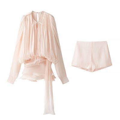 Chic Lantern-sheer Fabric Dress for Women, New Spring Style, Short Skirt, Cinched Waist, Irregular Lotus Leaf Hem, With Tie. photo-5