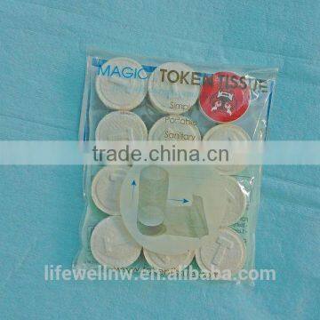 Disposable mini magic coin tissue by nonwoven materials