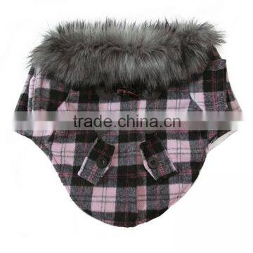 Luxury Fur Collar Horn Buttons Pink Lattice Plaid Dog Coat With Extra Heavy Soft Wool Material Fit for Autumn and Winter