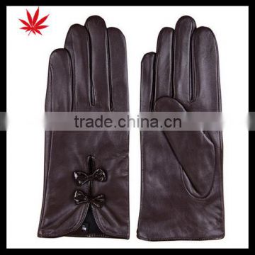 Women Genuine sheepshin Leather Lined Gloves with Cute Bow