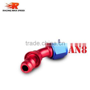 Aluminum oil cooler push on fitting 45 degree push on hose end blue and red 10-045-08