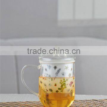 clear borosilicate tea galss cup with filter and handle