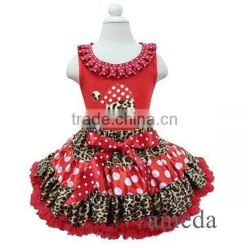 Red Polka Dots Leopard Pettiskirt with Xmas Santa Hat Ruffles Collar Red Tank Top