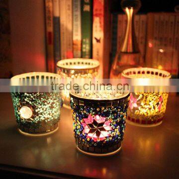 Handmade cup shaped glass mosaic candle holder