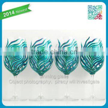 Hot sales Peacock Feather Wine Glass with Silver or Gold Accents Set of 4 Hand Painted Peacock glass wine hand painted