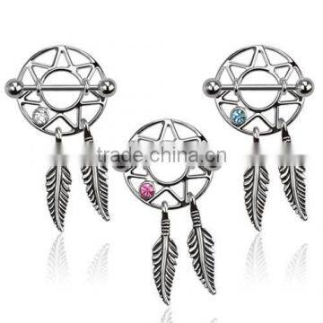 316L Surgical Steel Dream Catcher Nipple Shield Bar with Gem Dreamcatcher Jewelry