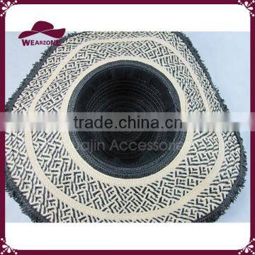Black and White Paper Straw Floppy Hat With Tassels photo-5