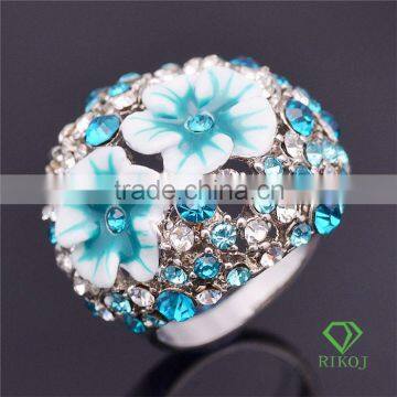 turquoise blue crystal white gold plating flower woman rings