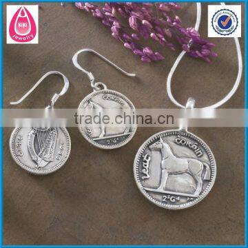 the horse in Irish coin antique silver necklace earring set
