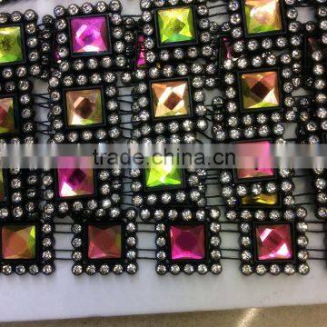 sew-on colorful square crystal with clear rhinestone on black base setting rhinestone applique trimming for garment supplies