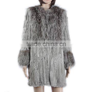 High quality knitted fur coat with rabbit/silver fox fur/high fashion fur style for ladies KZ150105
