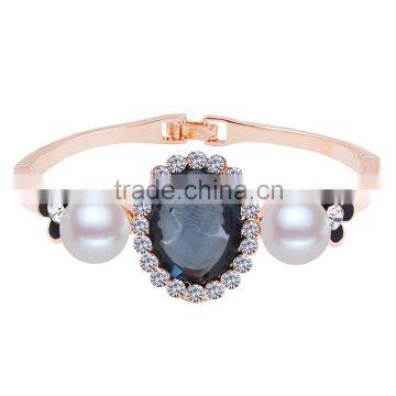 Girls Fashion Alloy Metal Bangle Center Luxury Big Nature Stone Side Black Painted Small Flower Pearl Bangle Bracelets Jewelry photo-3