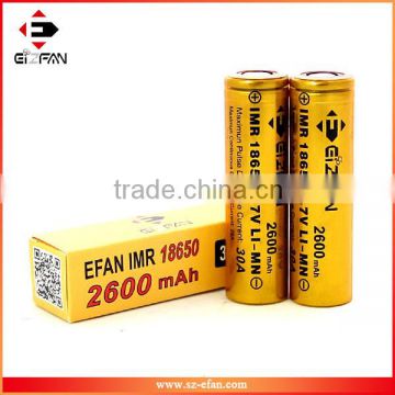 New Gold Efan IMR 18650 2600mAh 30A LiMn High Drain Flat Battery