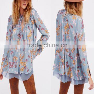 European long sleeve lace up vintage sweet floral print lady blouse for casual 2016
