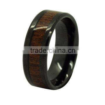 Unique Black Zirconium Ring With Wood Inlaid
