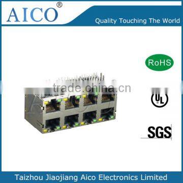 pcb mounting right angle 8 pin 10/100/1000BASE-T shielded 8 port stacked rj45 modular jack with transformer