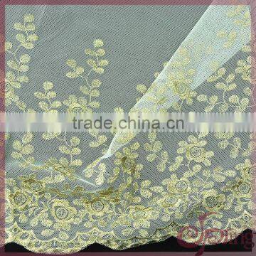 Floral gold metallic yarn embroidered tulle fabric, elegant tulle lace fabric