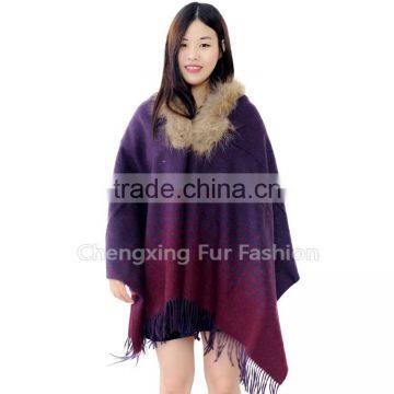 CX-B-P-43G 2016 New Product Noble Shawl Hand Made Wholesale Cashmere Capes And Raccoon Fur Trim Cape photo-3
