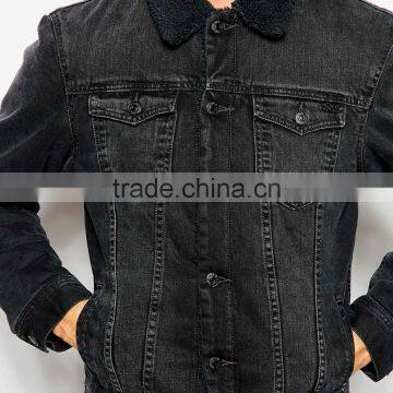 Fashion Wholesale Mens Black Denim Jacket With Fleece Collar photo-3