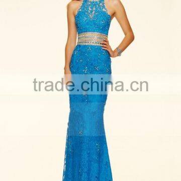 2016 Mermaid High Neck Prom Dresses Lace With Beads Sweep Train photo-2