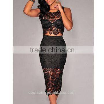 Ladys Sexy Floral Sheer Sleeveless Lace Crop Top and Midi Skirt Set Women Party Dress photo-4
