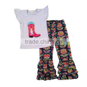 wholesale girls clothes boot embroidery t-shirts with pants outfits 2017 baby boutique import baby clothes