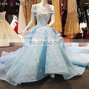 LS00342 off shoulder light blue elegant appliques long train lace up custom floral african prom dress