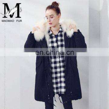 Women Fashion Cotton Shell Material Long Parka /Raccoon Fur Collar Real Fox Fur Lined Parka