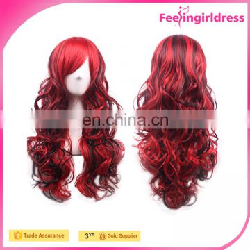 Cheap stock 70cm long wave red&black firbe synthetic human hair wig