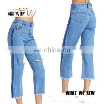 Cut Out Frayed Hem Ankle Jeans Fashion Demin Pants For Women