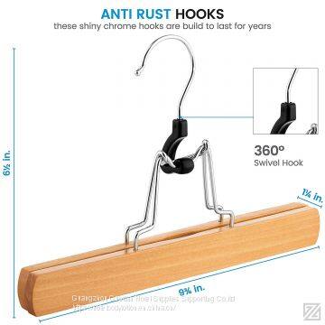 High-Grade Wooden Pants Hangers With Clips 10 Pack Non Slip Skirt Hangers, Smooth Finish Solid Wood Jeans/Slack Hanger With 360° Swivel Hook - Pants Clip Hangers for Skirts, Slacks - Clamp Hangers