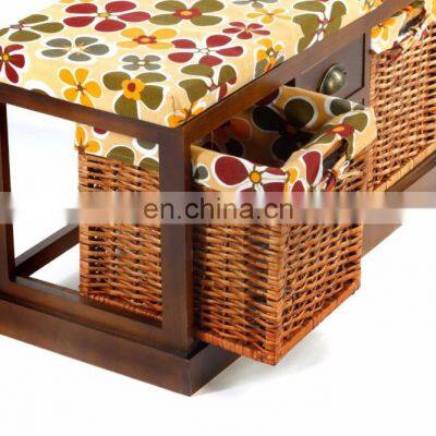 Wicker Basket Drawers Solid Wood Linen Fabric Covered Hall Storage Bench Seat photo-4