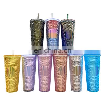 Hot Selling Multi Color Double Wall Studded Matte Plastic Tumblers Cup Studded Coffee Tumbler Cups with Lid