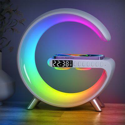 Multi Function 15W 7 in 1 Bluetooth RGB Light Lamp Gift Smart Speaker Mobile Charging Station Fast Wireless Charger Stand