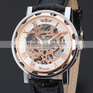 2016 Fashion Skeleton WINNER Brand Classic Design Business Leather Sport Men Mechanical Hand Wind Wrist Army Luury Army Watch