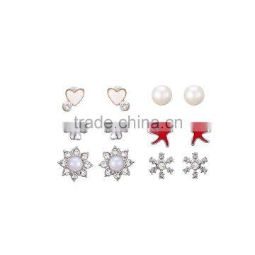 Silver Plated Enamel Heart Starfish Patrick Snowflake Flower Pearl Mixed Design Stud Earring Set Valentine's Day Gift