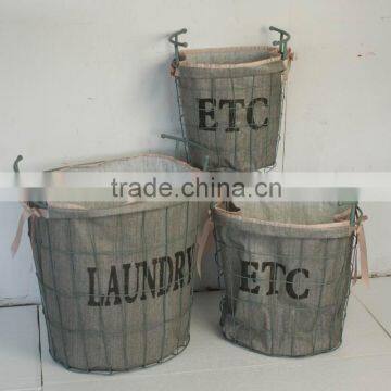 French industrial metal wire laundry basket with fabric liner