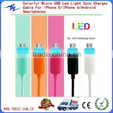 Fast Charging and Data Transmission Micro USB Cable with LED Light for iPhone 5/iPhone 6/Android Smartphones